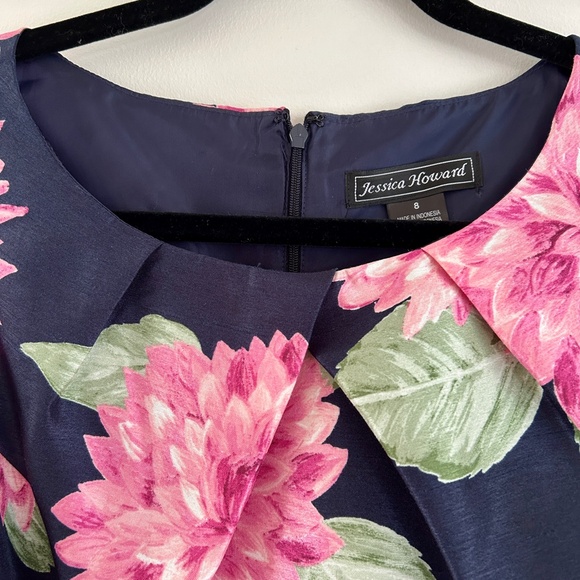 Jessica Howard Cocktail Dress Navy Floral Print Sleeveless Scoop Neck Size 8 - Picture 4 of 15